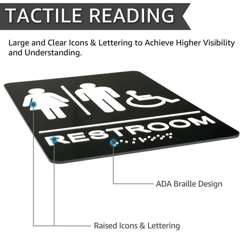 ADA Braille Unisex Restroom Sign 9 By 6 Inches With Self Adhesive Tape For Office And Business Bathrooms Wall Or Door Decor High Contrast White Lettering On Black Background No Fuss Easy Install shown with tactile reading features and large icons.