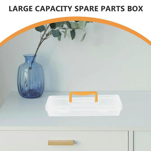 Heavy Duty Small Parts Organizer Box Built Tough Plastic Tool Caddy With Grippy Handle and Snappy Dividers on a table.