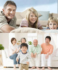 Two families smiling indoors, first a couple with child on couch, second with elders and toddler, bright and welcoming atmosphere.