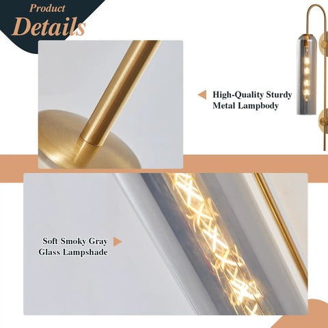 Detail of Plug In Wall Light With Smoke Gray Glass Shade And Gold Brass Finish, metal body and soft glass texture