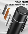 Close-up of Road Warrior Approved Fast Boiling Electric Kettle For Cars And Trucks Featuring Food Grade 304 Stainless Steel and vacuum insulation.