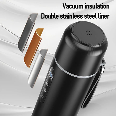 Close-up of Road Warrior Approved Fast Boiling Electric Kettle For Cars And Trucks Featuring Food Grade 304 Stainless Steel and vacuum insulation.