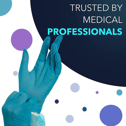 Built Tough Powder Free Nitrile Exam Gloves With Killer Textured Grip And Real Deal Burst Proof Strength For Medical Or Food Tasks, Latex Free Snug Fit, Blue Medium, 100 Count on a hand in blue background