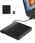Dope External CD DVD Drive for Laptop USB 3.0 CD ROM DVD RW Burner Plug and Play No Driver Needed Portable Optical Drive for Mac and Windows with USB C and USB A Cable, black slim drive with USB-C adapter and carry pouch
