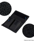 Durable Camera Battery Pouch Case For 2 Batteries With Zipped Card Pocket, hook and loop closure detail, black material