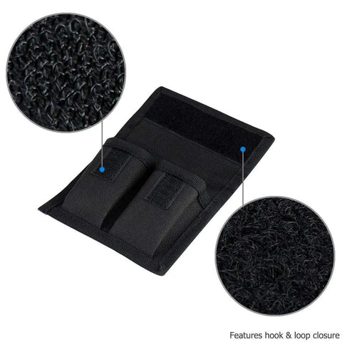 Durable Camera Battery Pouch Case For 2 Batteries With Zipped Card Pocket, hook and loop closure detail, black material