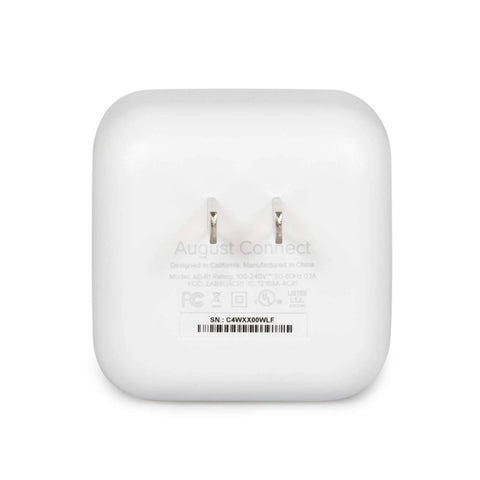 August Connect WiFi bridge for Motorized Touchscreen Smart Deadbolt with sleek white design and dual prongs.
