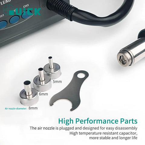 Pro Grade Hot Air Desoldering Station With Digital Display showing nozzles, wrench, CH1, CH2, CH3 controls, and air hose.