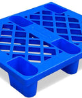 Blue Plastic Pallet Pair Mesh Nine Leg Design Forklift Ready Heavy Duty Storage Platform Moisture Resistant Polyethylene used for organizing.