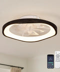 Monikessy Modern Black Ceiling Fan with Lights 20" Low Profile Ceiling Fan seen from below with remote control and mobile app app.