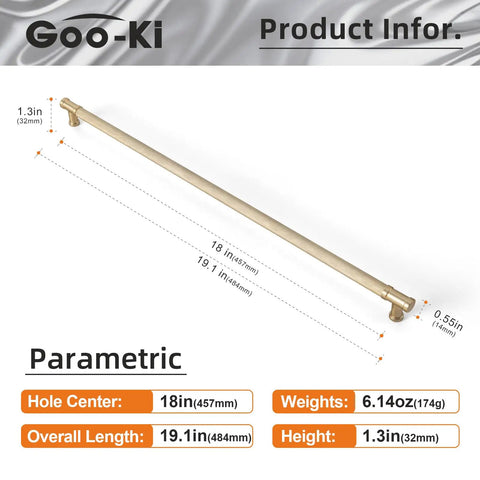 Diagram of Six Pack Champagne Bronze Knurled Cabinet Pulls Set, 18 Inch Center To Center, dimension details shown