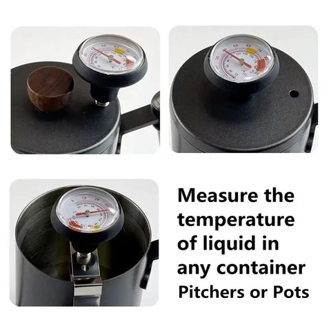 Close-up of a thermometer measuring the temperature of liquid in a stainless steel container, labeled for use in pitchers or pots.