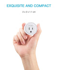 Hand holding compact smart plug, 4 Pack Smart Plugs For Alexa And Google Home Compatibility No Hub Required Remote Control Scheduling Timers ETL Certified Ideal For Smart Home Automation.