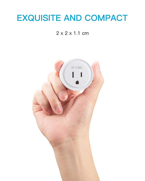 Hand holding compact smart plug, 4 Pack Smart Plugs For Alexa And Google Home Compatibility No Hub Required Remote Control Scheduling Timers ETL Certified Ideal For Smart Home Automation.