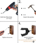 Installation steps for Auto Lock Guitar Wall Mount With Black Walnut Wood Hanger showing drill, anchor, screws, and rotation.