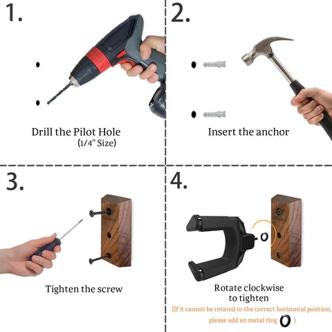 Installation steps for Auto Lock Guitar Wall Mount With Black Walnut Wood Hanger showing drill, anchor, screws, and rotation.
