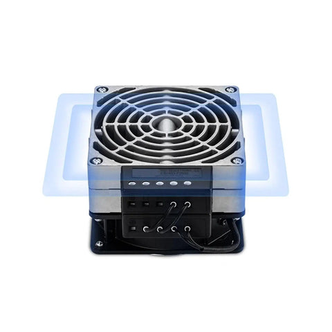 Built Like A Tank Industrial Air Heater And Dehumidifier Fan For Power Distribution Cabinets With Rock Solid Aluminum Heating Core Featuring 400 Watts AC 220V showing top view with fan grill and control panel.