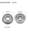MF104ZZ Flanged Bearing 4mm X 10mm X 4mm Deep Groove Ball Bearing Double Shielded, 11.6mm Flange Diameter, Chrome Steel GCr15, Built To Last, Smooth Low Friction Spin, 10 Piece Set For Hobby Machines showing size dimensions and chrome steel finish