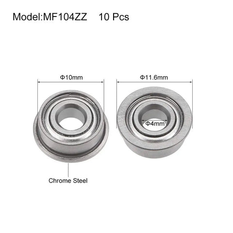 MF104ZZ Flanged Bearing 4mm X 10mm X 4mm Deep Groove Ball Bearing Double Shielded, 11.6mm Flange Diameter, Chrome Steel GCr15, Built To Last, Smooth Low Friction Spin, 10 Piece Set For Hobby Machines showing size dimensions and chrome steel finish