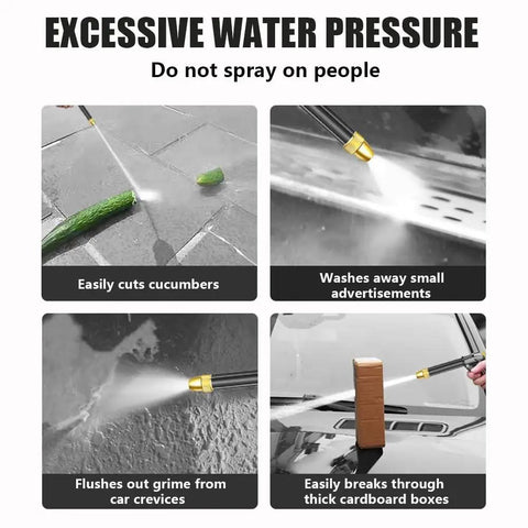 Four uses of Three-Pattern Adjustable Jet Nozzle Gun For Garden Hose in text images, cutting cucumber, removing grime, and breaking boxes.