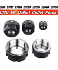Heavy Duty 2 Pcs CNC ER Collet Nut Set For Drill Chucks ER8 ER11 ER16 ER20 ER25 ER32 ER40, featuring steel and black nuts.