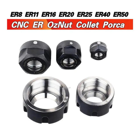 Heavy Duty 2 Pcs CNC ER Collet Nut Set For Drill Chucks ER8 ER11 ER16 ER20 ER25 ER32 ER40, featuring steel and black nuts.