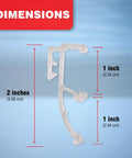 Premium Clear Double Slat Valance Clips To Tuck Away Mini Blind Brackets, showing dimensions 2 inches wide and 1 inch tall.