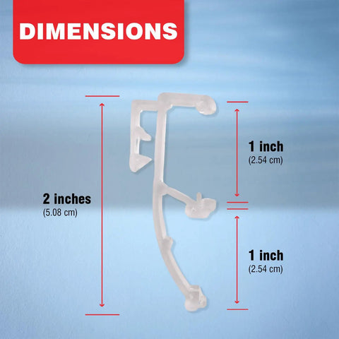 Premium Clear Double Slat Valance Clips To Tuck Away Mini Blind Brackets, showing dimensions 2 inches wide and 1 inch tall.