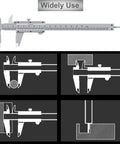 Go-To 6 Inch Carbon Steel Vernier Caliper Non Digital For Accurate 0-150mm Metric Range, 0.02mm Precision; diagrams showing use