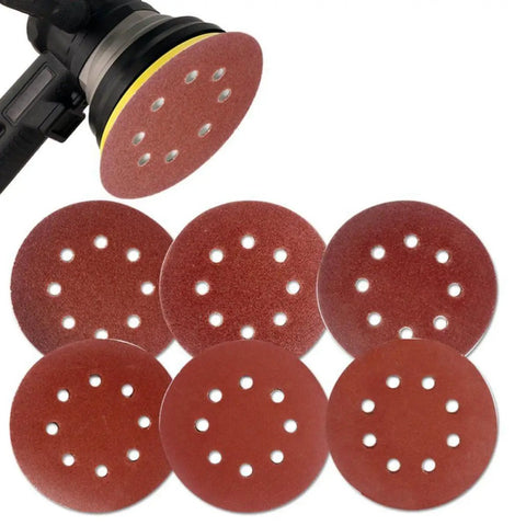 Grab These 60-Piece 5-Inch 8-Hole Hook And Loop Sanding Discs With Aluminum Oxide Grit on a sander for polishing wood and metal.