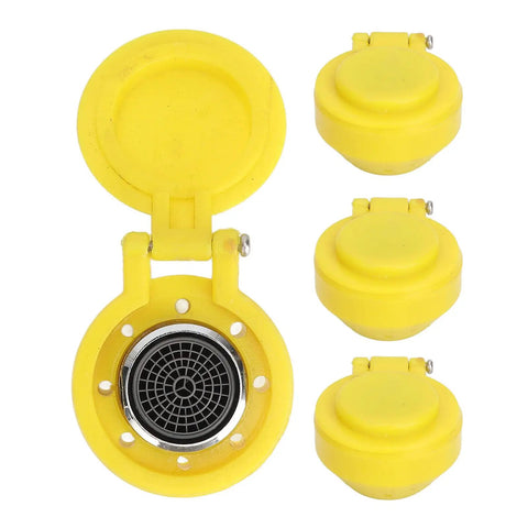 Eyewash Station Spray Head Set 4 Pack With 14mm Thread showing yellow spray heads with covers, stainless steel interiors.
