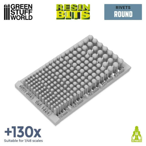 Round Micro Rivets For Models And Miniatures, 3D Printed Resin Fasteners, arranged on sheet for model detailing.