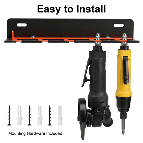 Rock Solid Wall Mount Air Tool Holder Lockable Five Slot Pneumatic Rack For Garage with mounted tools and hardware included.