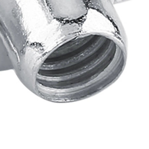 Close-up of zinc plated carbon steel four prong T nut for woodworking and furniture, part of a set with M8 and M3 sizes, rust resistant.