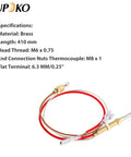 Patio heater thermocouple, front view: Aupoko with brass end nuts, 410 mm length, red/white wires, 6.3 mm flat terminal