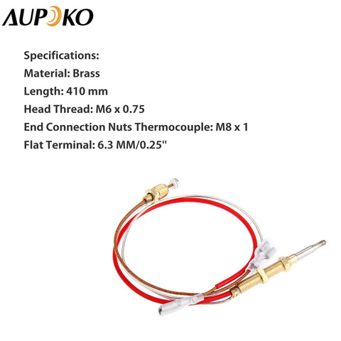 Patio heater thermocouple, front view: Aupoko with brass end nuts, 410 mm length, red/white wires, 6.3 mm flat terminal