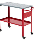 Movable Welding Table 36 By 18 Inch Heavy Duty Steel Workbench With 1200 Lbs Total Load Capacity, red frame, four casters