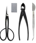 Pro Grade Bonsai Tool Kit 4 Piece Set With Yasugi Steel Satsuki Bonsai Scissors 8 Inch Concave Cutter Stainless Tweezers And Sap Eraser Made In Japan For Precise Trimming And Tree Care displayed on white background