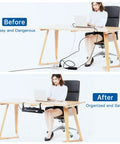 Before and after using Under Desk Cable Management Tray Set No Drill Wire Organizer For Office And Home Standing Desk Black 2 Pack