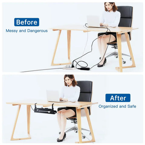 Before and after using Under Desk Cable Management Tray Set No Drill Wire Organizer For Office And Home Standing Desk Black 2 Pack