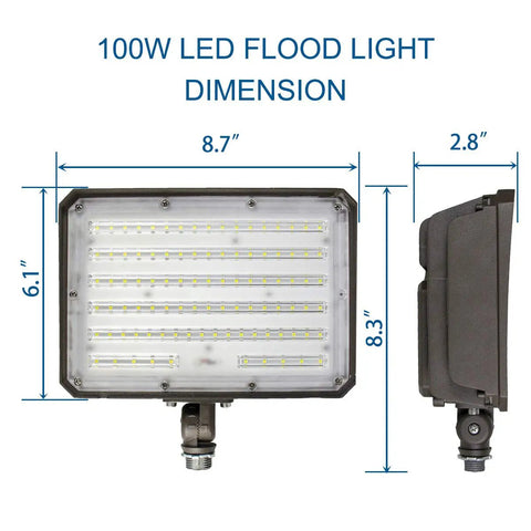 Outdoor LED Flood Light 100W With Dusk To Dawn Photocell, 13000 Lumens Beast Bright, dimensions shown with height and width