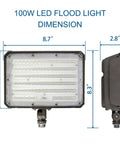 Dimensions of 2 Pack 100W Outdoor LED Flood Light with Dusk to Dawn Sensor, front and side view on white background