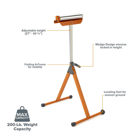 Heavy Duty Roller Stand For Woodworking, Pro Grade Outfeed Roller, Fits Table Saw And Miter Saw, 27 To 43.75 Inches, 200 Lb Capacity, Portable Shop Helper