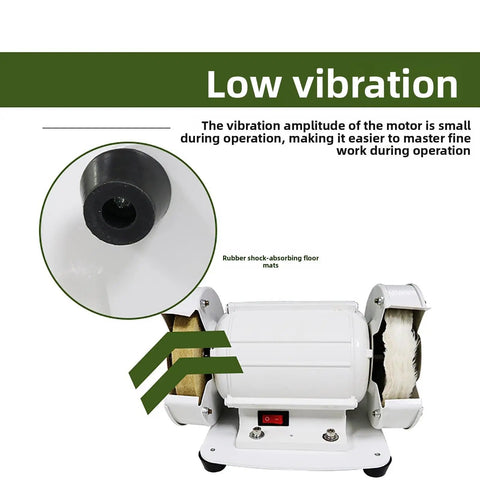 Top Shelf Bench Polisher And Dual Wheel Grinder Spinning At 3000 RPM Featuring Cloth And Wool Felt Pads for low vibration operation.