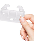 Slick White Plastic Drawer Track Guide Kit Packing 10 Pieces With Badass Durability And Hella Smooth Gliding Motion Top Shelf Center Mount Replacement For Any Furniture Fix, detail of one track piece in hand.