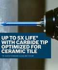 Bosch PTBX05 porcelain tile drill bit, blue carbide-tipped bit in drill chuck drilling ceramic tile