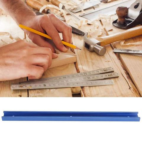 Woodworking tools on table with Blue Anodized Aluminum T Track 400mm 15.7in For Woodworking T Slot Miter Track Jig shown below