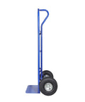 Blue steel hand truck with vertical loop handle and dual wheels; 800 lb capacity (side view).