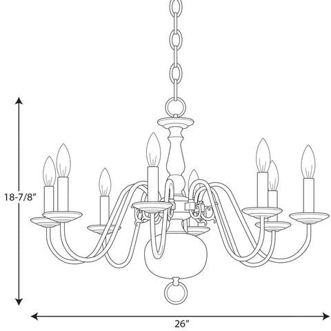 8 Light White Candle Traditional Chandelier In Polished Brass Finish With 180 Inch Wire, 18.88 Inch High, 26 Inch Wide, UL Listed