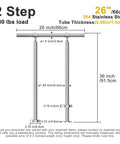 Top Notch 304 Stainless Steel Two Step Stair Handrail Kit With A Comfy 1.5 Inch Grip Rail dimensions diagram, 36 inch height, 600 lb load